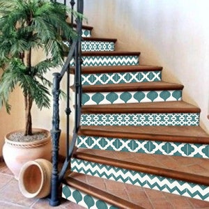 Stair Riser Stickers - Removable Stair Riser Tile Decals - Marrakech Emerald Pack of 6 - Peel & Stick Stair Riser Deco Strips - 48" long