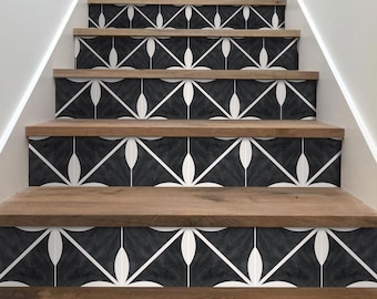 Quadrostyle Black Stair Riser Stickers - Removable Stair Riser Tile Decals - Castelar Pack of 6 - Peel & Stick Stair Riser Deco Strips