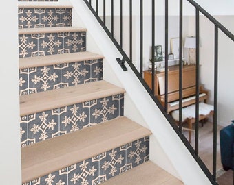May include: A set of stairs with a black metal railing. The stairs are covered in a patterned wallpaper with a geometric design in shades of gray and beige.