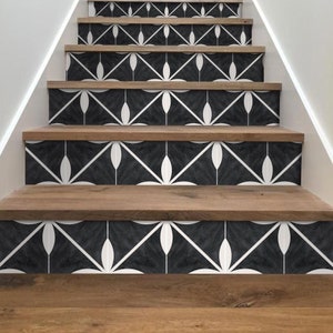 Quadrostyle Black Stair Riser Stickers - Removable Stair Riser Tile Decals - Castelar Pack of 6 - Peel & Stick Stair Riser Deco Strips