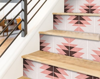 Quadrostyle South Western Tile Stair Riser Sticker | Pink Tile Stair Riser Decals Santa Fe Pack of 6 | Peel & Stick 48" long