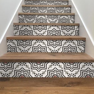 Stair Riser Stickers - Removable Stair Riser Tile Decals - Kabbalah Black Pack of 6 - Peel & Stick Stair Riser Deco Strips - 48" long