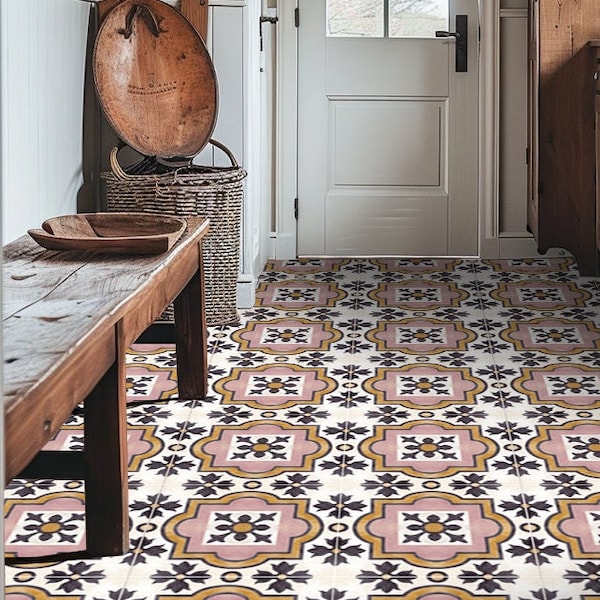 Tile Decals - Tiles for Kitchen/Bathroom Back splash - Floor decals - Italian Hand Painted Syracuse Vinyl Tile Sticker Pack in Black & Rose
