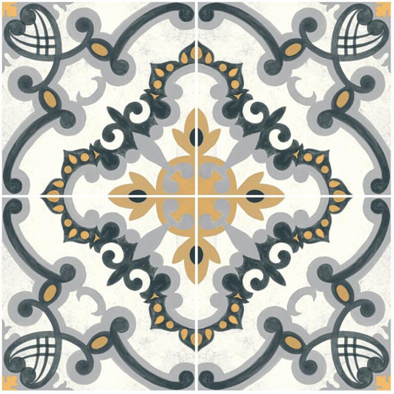 Tiles for KitchenBathroom Back splash Hand Painted Medici Tile Sticker Pack in Charcoal /& Ochre Tile stickers Floor decals