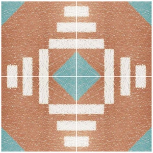 May include: A symmetrical pattern with a brown background and white lines. The centre of the pattern is a teal diamond shape.