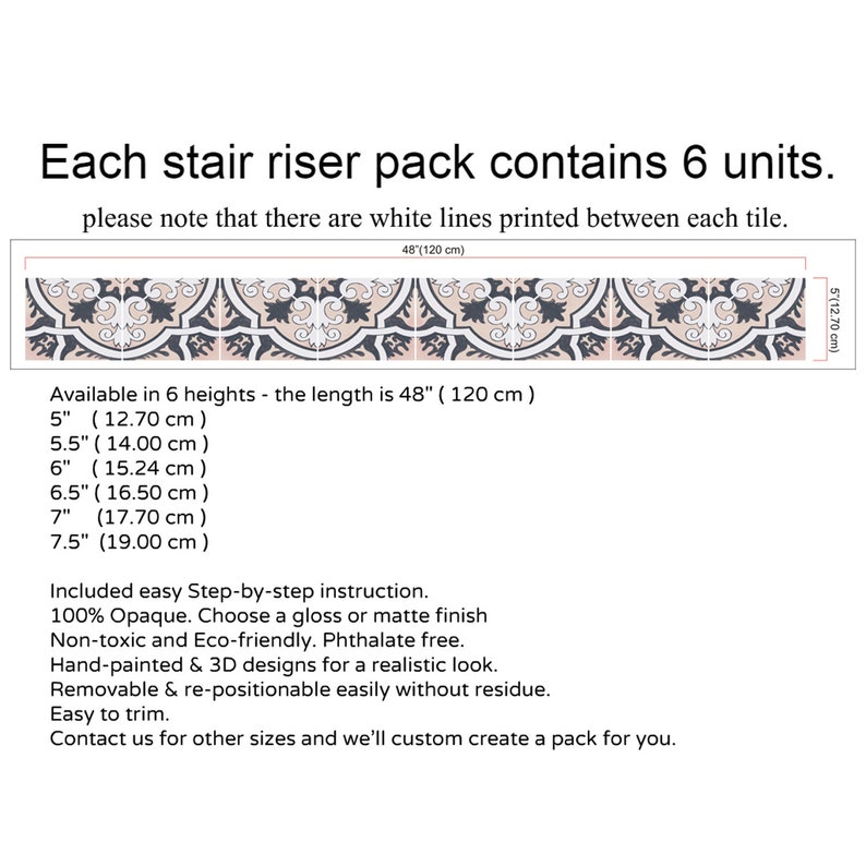Removable Stair Riser Vinyl Decals Peel /& Stick Stair Riser Deco Strips Stair Riser Stickers Firenze Pack of 6 48 long