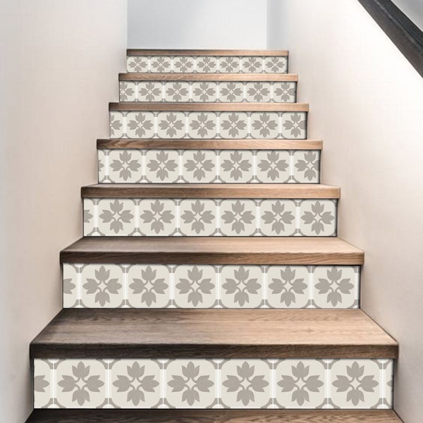 Stair Riser Stickers - Removable Stair Riser Tile Decals - Margot Pack of 6 in Taupe - Peel & Stick Stair Riser Deco Strips - 48" long