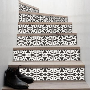 Stair Riser Stickers - Removable Stair Riser Tile Decals - Citadel Pack of 6 in Black - Peel & Stick Stair Riser Deco Strips - 48&quot; long