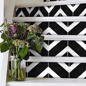 Stair Riser Stickers - Removable Stair Riser Tile Decals - Salon Black Pack of 6 - Peel & Stick Stair Riser Deco Strips - 48&quot; long
