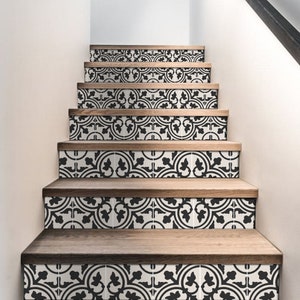 Stair Riser Stickers - Removable Stair Riser Vinyl Decals - Trefle Black Pack of 6 - Peel & Stick Stair Riser Deco Strips - 48&quot; long