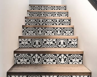 Stair Riser Stickers - Removable Stair Riser Vinyl Decals - Trefle Black Pack of 6 - Peel & Stick Stair Riser Deco Strips - 48" long