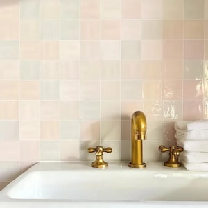Quadrostyle Handmade Blush Pink Zellige tile stickers – glossy artisanal tiles in subtle color shifts for a powderoom – wabi-sabi aesthetic,