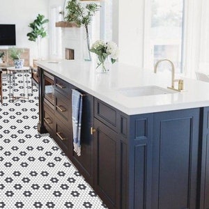 Quadrostyle White Hexagon Tile | Vinyl Floor Tile Sticker Panel, Peel and Stick Decal - Mini Hexa Flower | 2D Tile Sticker