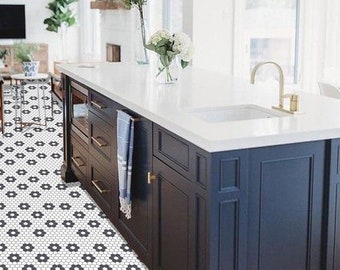 Quadrostyle White Hexagon Tile | Vinyl Floor Tile Sticker Panel, Peel and Stick Decal - Mini Hexa Flower | 2D Tile Sticker