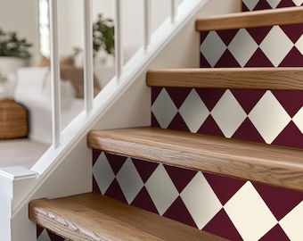 Quadrostyle Stair Riser Stickers - Removable Stair Riser Tile Decals - Checkerboard Bone White & Wine Pack of 6 -  48" long