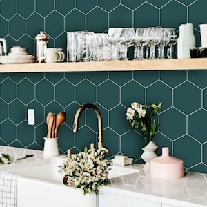 Kitchen and Bathroom Splashback - Removable Vinyl Wallpaper - Hexa Peacock Green - Peel & Stick