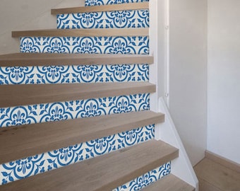 May include: A set of blue and white patterned stair treads. The treads are made of a durable vinyl material and are easy to apply. They are perfect for adding a touch of style to any staircase.