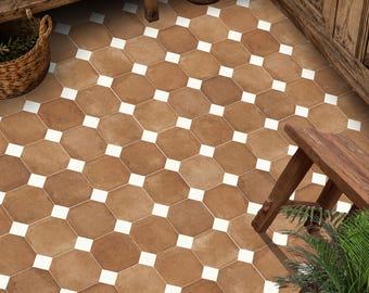 May include: A floor surface covered in octagonal terracotta-colored tiles arranged in a repeating pattern, separated by small, square white accent tiles that create a grid across the entire visible floor area.