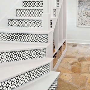 Stair Riser Stickers - Removable Stair Riser Tile Decals - Agadir Pack of 6 in Black - Peel & Stick Stair Riser Deco Strips - 48&quot; long