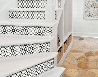 Stair Riser Stickers - Removable Stair Riser Tile Decals - Agadir Pack of 6 in Black - Peel & Stick Stair Riser Deco Strips - 48" long