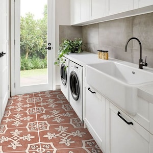 Quadrostyle Vinyl Floor Tile Stickers | Terracotta Tile Palma Red Earth |  Removable and Repositionable | Anti-Skid Option | Renter-Friendly