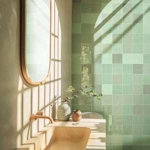 Quadrostyle Mediterranean Mint Zellige tile stickers – glossy glass green tiles for a vibrant kitchen shower wall – jewel-toned celadon