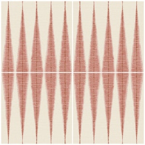 May include: A seamless pattern featuring a repeating design of vertical, pointed, red-brown shapes on a white background. The pattern has a subtle texture, resembling woven fabric.