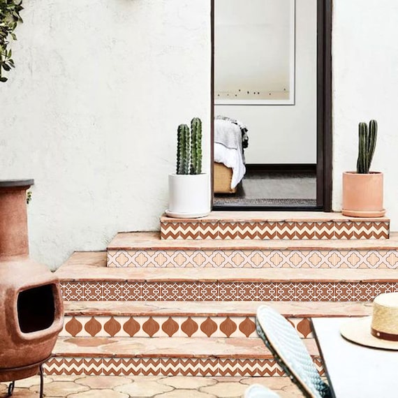 Quadrostyle Morroco Tile Stair Riser Stickers | Marrakech Terracotta Tile Pack of 6 - Peel & Stick Stair Riser Deco Strips - 48" long