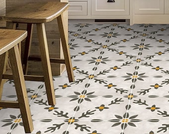 Quadrostyle Vintage Famhouse Tile stickers - Neutral Beige & Green Botanical Floor Stickers - Anti-Skid Laminate Floor Decal - Firethorn