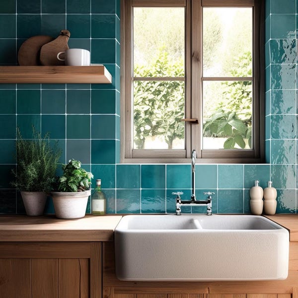 Quadrostyle Moroccan Ocean Blue Zellige tile stickers – glossy decal in jewel-toned hues for a chic kitchen backsplash – aged patina palette
