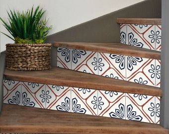 May include: Wooden stairs with a white, blue, and red patterned tile design on the risers. The tiles feature a geometric pattern with a floral motif.