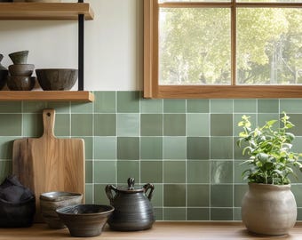 Quadrostyle Mediterranean Leaf Green Zellige tile stickers – glossy patina for a serene splashback – soft color palette, timeless elegance