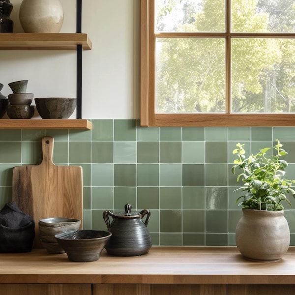 Quadrostyle Mediterranean Leaf Green Zellige tile stickers – glossy patina for a serene splashback – soft color palette, timeless elegance