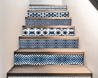 Quadrostyle Stair Riser Stickers - Removable Stair Riser Vinyl Decals - Shibori Pack of 6 - Peel & Stick Stair Riser Deco Strips - 48" long