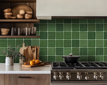 Quadrostyle Authentic Bottle Green Moroccan Zellige tile stickers – glossy artisanal decal for moody kitchen backsplash – rustic aged patina