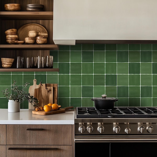 Quadrostyle Authentic Bottle Green Moroccan Zellige tile stickers – glossy artisanal decal for moody kitchen backsplash – rustic aged patina