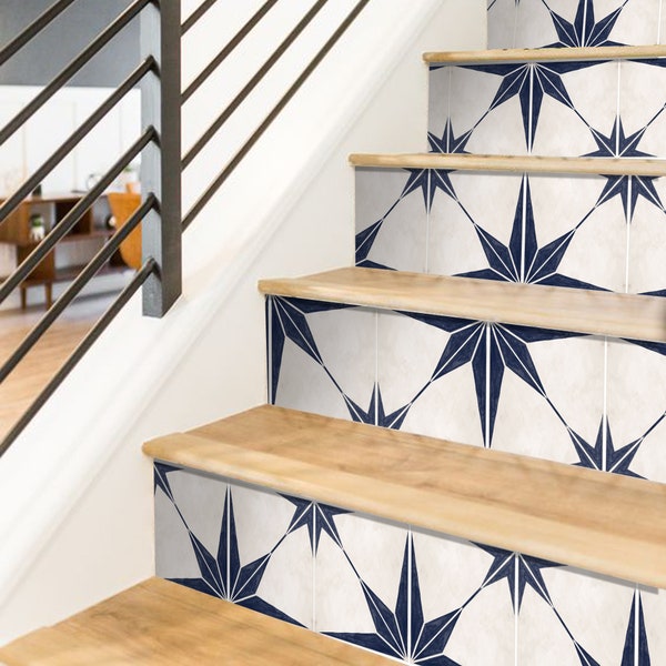 Stair Riser Stickers - Removable Stair Riser Tile Decals - Astra Navy Pack of 6 - Peel & Stick Stair Riser Deco Strips - 48" long