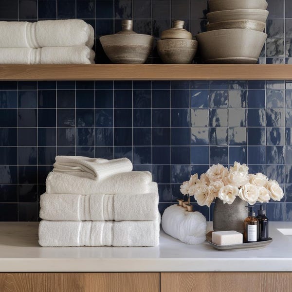 Quadrostyle Navy Blue Moorish Zellige tile stickers – glossy bathroom feature wall – handmade look, wabi-sabi aesthetic