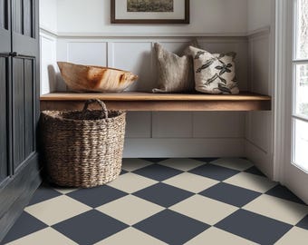 May include: A wooden bench with a woven basket and a wooden bowl sits in a room with white walls and a black and white checkered floor.