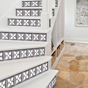 Stair Riser Stickers - Removable Stair Riser Vinyl Decals - Bellota Pack of 6 in Flint- Peel & Stick Stair Riser Deco Strips - 48&quot; long