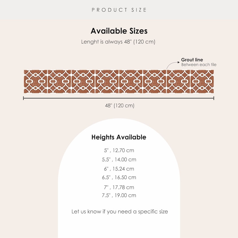 Puede incluir: Un diagrama que muestra los tama&ntilde;os disponibles para un borde de azulejos decorativos. El borde tiene 48 pulgadas (120 cm) de largo y est&aacute; disponible en varias alturas, que van desde 5 pulgadas (12,70 cm) hasta 7,5 pulgadas (19,00 cm). El borde de azulejos presenta un patr&oacute;n repetitivo de cuadrados y c&iacute;rculos entrelazados en un esquema de color marr&oacute;n y blanco.