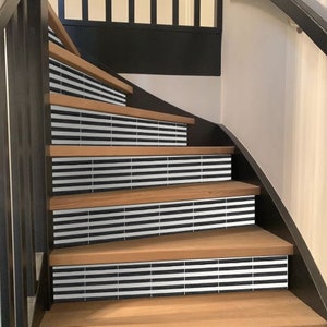 Stair Riser Stickers - Removable Stair Riser Tile Decals - Stripes in Ink Pack of 6 - Peel & Stick Stair Riser Deco Strips - 48&quot; long
