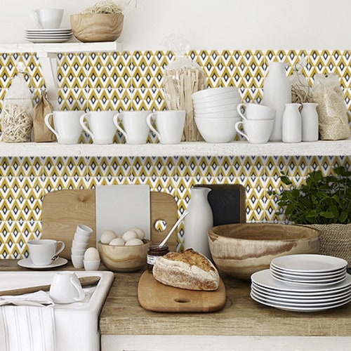 Geometric Diamond Wallpaper in Ochre Removable Vinyl Wallpaper Etsy