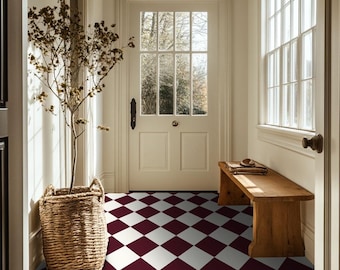 Quadrostyle Checkerboard in Off White and Burgundy Vinyl Floor Stickers | Two tone Kitchen Tile Decals | Vinyl Bathroom Floor Tile