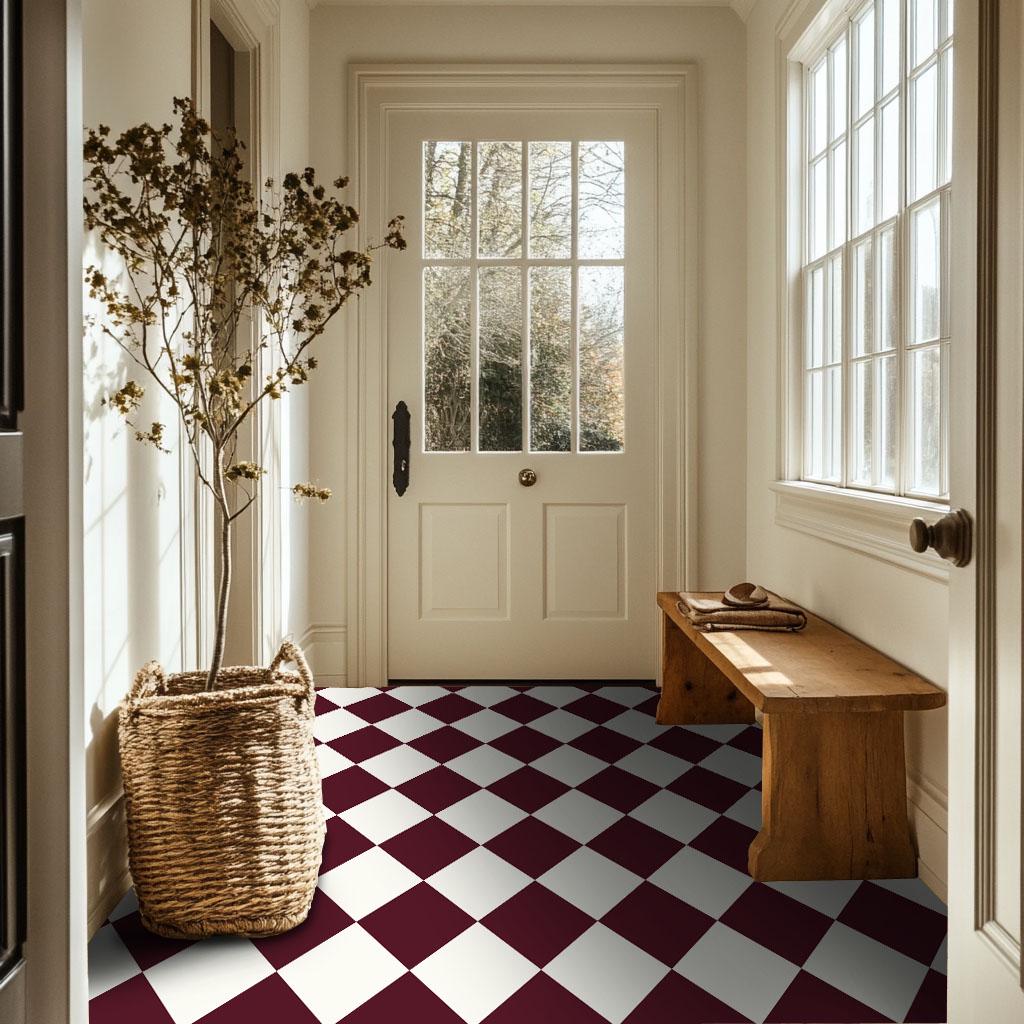 Quadrostyle Checkerboard in Off White and Burgundy Vinyl Floor Stickers | Two tone Kitchen Tile Decals | Vinyl Bathroom Floor Tile