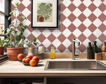 Quadrostyle Checkerboard in Terracotta Vinyl Floor Stickers  | Two tone Kitchen Tile Decals | Peel & Stick Bathroom Floor Tile