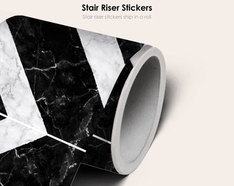 Stair Riser Stickers - Removable Stair Riser Tile Decals - Salon in Black Marble Pack of 6 - Peel & Stick Stair Riser Deco Strips - 48" long