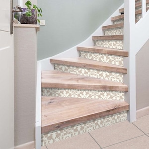 Stair Riser Stickers - Removable Stair Riser Tile Decals - Willow Cafe Pack of 6 - Peel & Stick Stair Riser Deco Strips - 48&quot; long