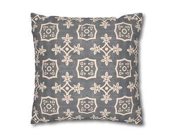 Grey Floral Pillow Cover Faux Suede Double Sided Decorative Cushion Cover Palma Fonte Grey Tile Pattern Throw Cushion Boho Decor