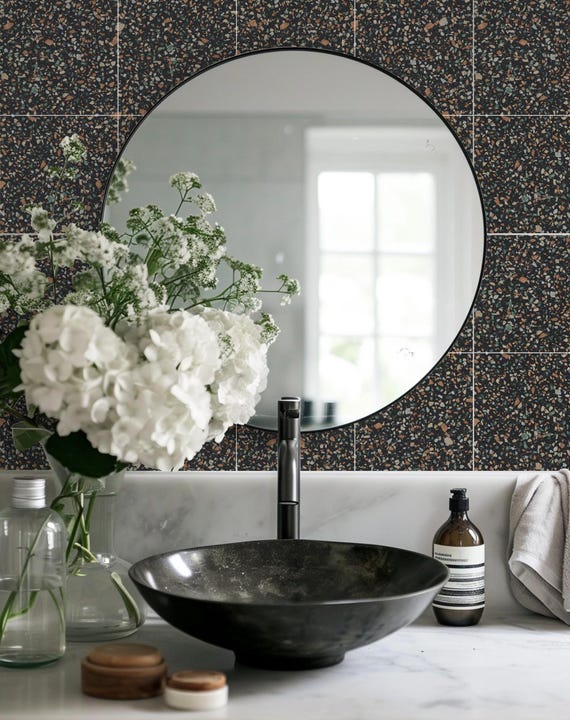 オーダーページ パネル お洒落ヨーキー  10/2 Quadrostyle Earthy Black Terrazzo-style Tile Stickers - DIY Peel